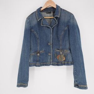 DKNY Jeans Jacket Womens S Blue Denim Floral Embroidered Collared Short Slim Y2K